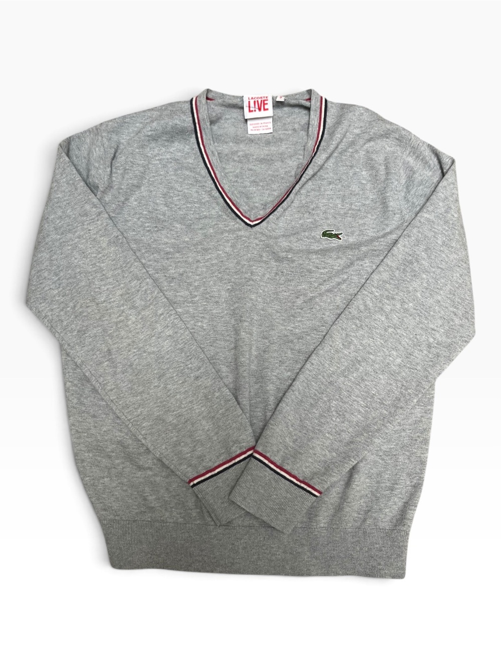Lacoste Grey V-Neck Sweater with Pink & Navy Trim